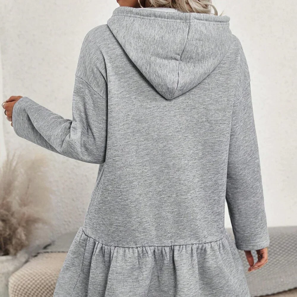 Grey Casual Women's Drop Shoulder Ruffle Hem Drawstring Hooded Dress - Picture 3 of 6
